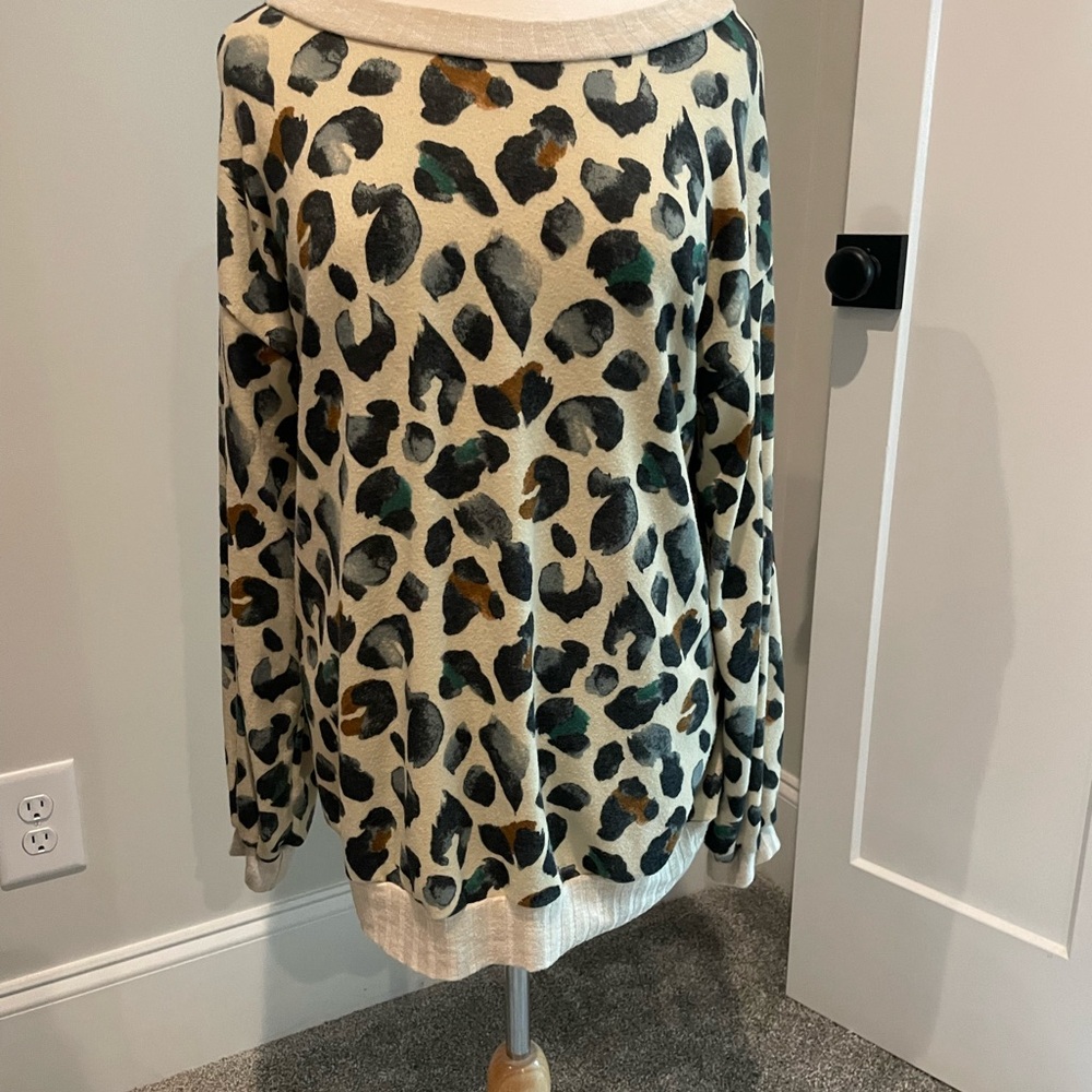 My Story Leopard Print Cowl Neck Lightweight Sweatshirt - Cream and Black